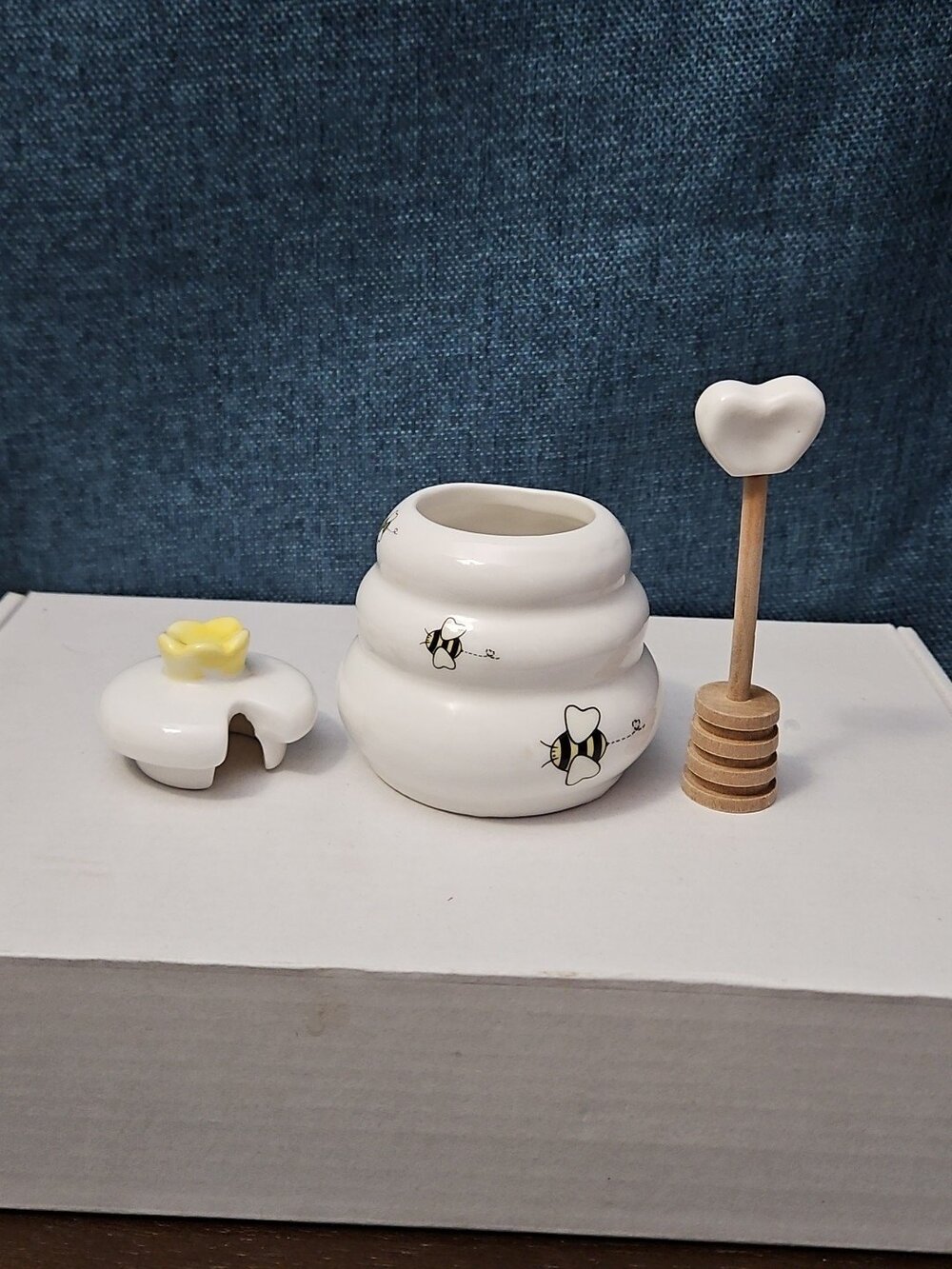 Mini Ceramic Beehive Honey Pot with Wooden Dipper | 3" Bee Theme Kitchen Decor - Picture 4 of 16